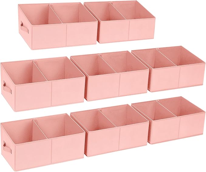 DIMJ Large Closet Shelf Organizer Bins 8 Packs with Handles and Divider, Fabric Trapezoid Storage Baskets, Foldable Clothes Containers Box for Shelf, Towel, Book, Toy, Purse, Hats, Pink