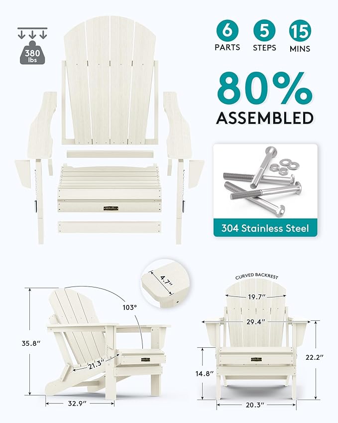 SERWALL Folding Adirondack Chair Set of 6 - Folding Adirondack Chairs with Cup Holder, HIPS Outdoor Chairs Weather Resistant Fire Pit Chairs- White
