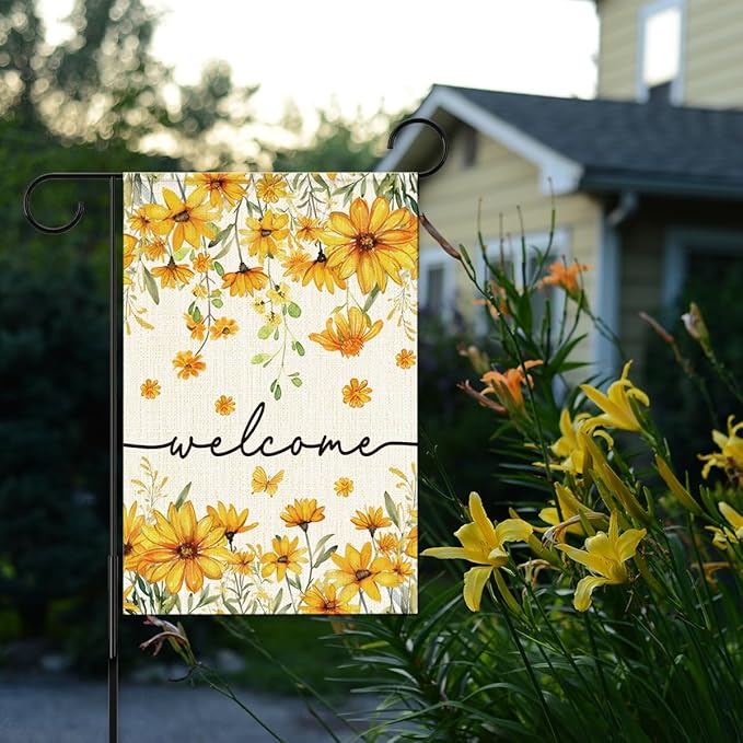 Welcome Flags for Outside,Spring Yellow Daisy Garden Flag for Yard Patio Lawn Decoration,12x18 Inch Double Sided