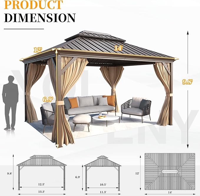 YOLENY 12' x 14' Hardtop Gazebo, Galvanized Steel Metal Double Roof Aluminum Frame Gazebo with Curtain and Netting, Permanent Pavilion Pergola for Outdoor, Patio, Garden, Lawn, Pool Side, Brown