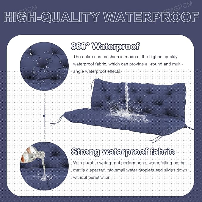 Premium 5" Thick Waterproof Outdoor Swing Cushions Sturdy Durable 2 Seat Replacement Porch Swing Cushions with Backrest&Ties Bench Cushion for Outdoor Furniture Backyard Patio (Navy Blue)
