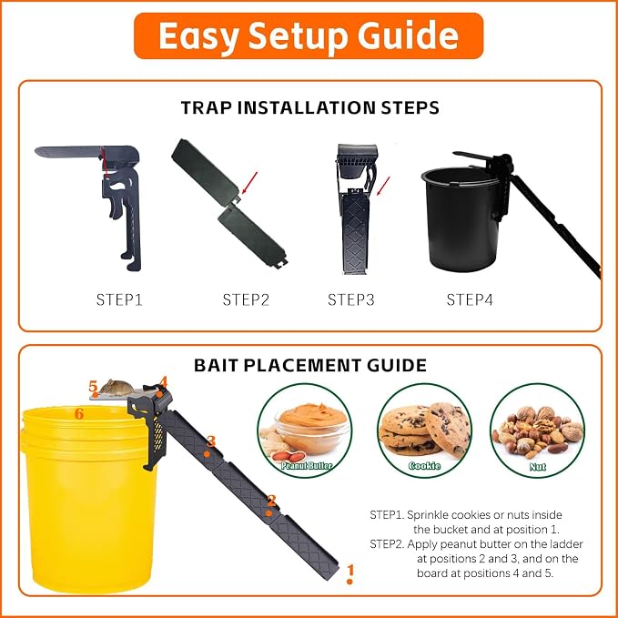 Walk The Plank Mouse Traps for 5 Gallon Bucket, Auto Reset 4 Pack | Continuous multi-catch system with instant auto-reset plank, high sensitivity trigger, fits standard 5-gallon
