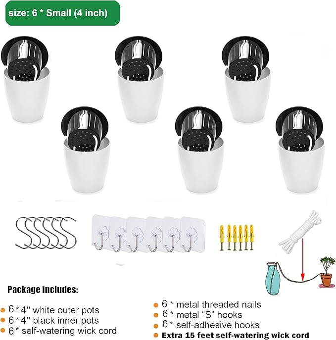 ORIMERC 4 Inch Self Watering Hanging Planters, Wall Mounted Plant Pots with Complete Accessories, Automatic Watering Flower Pots for Indoor Outdoor Garden, Succulents, Herbs, Home Décor, Set of 6