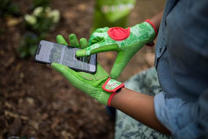 DIGZ 7654 Signature High Performance Women's Gardening Gloves with Touchscreen Compatible Fingertips, Green Leaves Pattern, Large