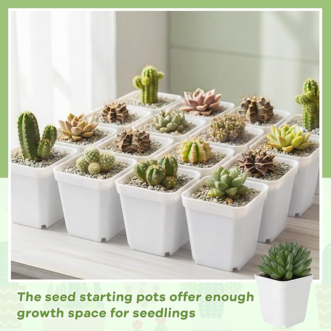 Yaomiao 200 Pack 3 Inch White Nursery Pot Square Flower Pots Plastic Plant Succulent Planter Seed Starting Pots with Drainage Holes for Garden Office Balcony Decor Indoor Outdoor Plant Seedling