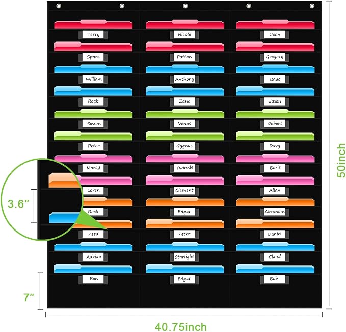REGELETO 36 Pockets File Storage Pocket Chart with 36 Nametag Pockets, Hanging Wall File Organizer for Classroom and Office, Organize Your Assignments, Files, Scrapbooks, Paper (Black-36 Pockets)