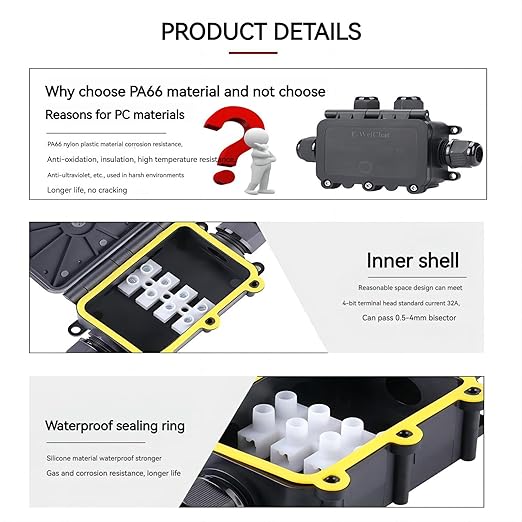 Black PA66 Nylon IP68 4 Way B Waterproof Junction Box, Includes 4 Sets of Waterproof Rubber Plugs, Suitable for Indoor & Outdoor Lighting Fixtures