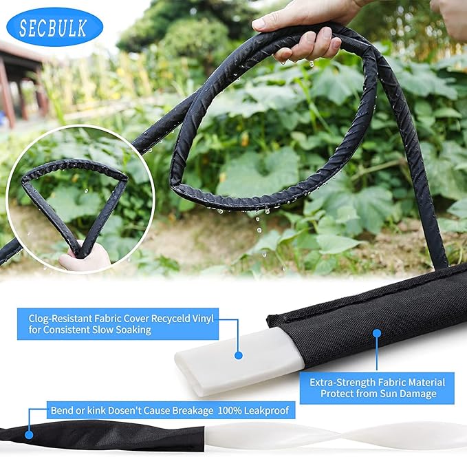 Secbulk 2026 Flat Soaker Hose 150 ft with Stakes for Garden, 75ft x 2 Linkable Drip Hose Diy Garden Irrigation System Saving 80% Water, Dual-layer Leak-free Design Water Hose with Holes