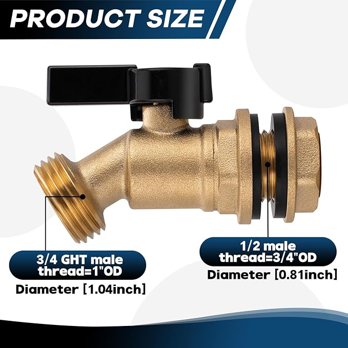 Rain Barrel Spigot Kit 3/4" GHT Slid Brass Water Barrel Spigot,Leakproof Garden Hose Connector Bulkhead Fitting with Drain Valve for Buckets and Rain Barrels DIY Kit