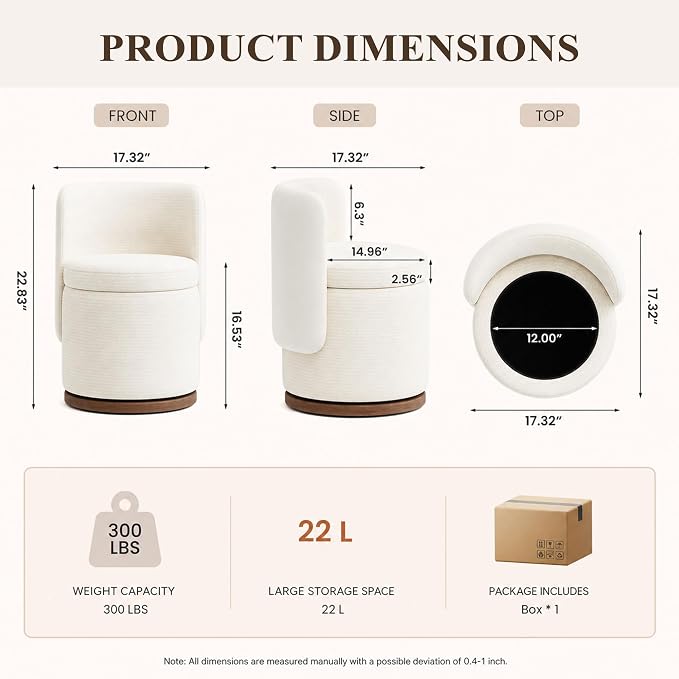 Ottoman with Storage, Round Vanity Stool with Back | 22L Hidden Seat, 360° Swivel, Reversible Lid, No Wheels, Upholstered Makeup Footstool for Bedroom