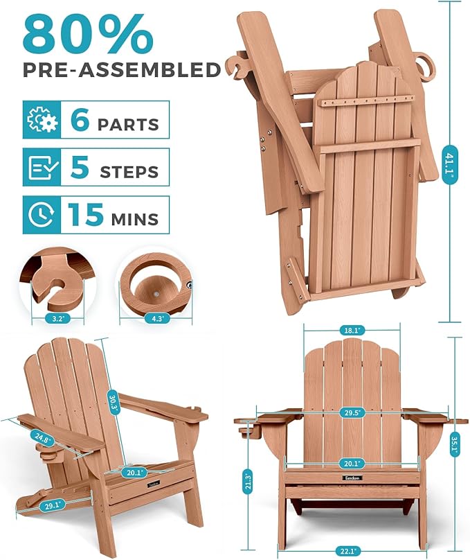Adirondack Chairs Set of 4, HDPE Material Fire Pit Chairs, Plastic Adirondack Chairs with 2 Cup Holder, Outdoor Lawn Chair for Patio Garden, Teak