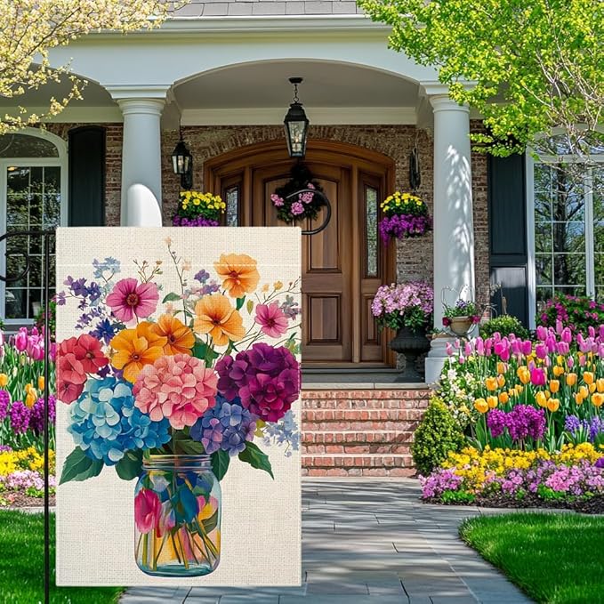 Spring Summer Colorful Floral Mason Jar Garden Flag 12x18 Inch Double Sided Hydrangea Flower Yard Outdoor Flag House Holiday Outside Decoration