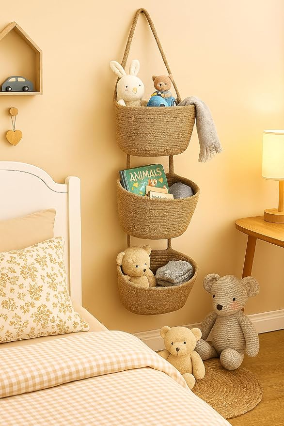 Japanese Handmade Cotton Rope Hanging Basket Organizer – 3 Tier Wall boho Storage Organizer for Toys , Snacks & Décor – Eco-Friendly Coiled Weaving Craft, Housewarming & Shower Gift (brown)