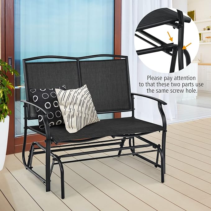 Tangkula 2-Person Patio Glider Bench, Outdoor Rocker Glider Loveseat Chair W/Heavy-Duty Steel Frame, Breathable Seat Fabric, Rocking Lounge Chair for Poolside, Garden, Backyard (Black)