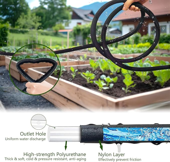 Flat Soaker Hose 100FT, Garden Hose with Heavy Duty Double Layer Design, Drip Irrigation Hose Saves 80% Water, Leak Proof Sprinkler Hose for Garden, Lawn, Vegetable plot