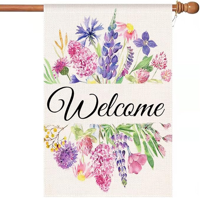 Summer Decor House Flag 28x40 Inches, Watercolor Flower Floral Leaves Welcome Flag Vertical Double Sided, Farmhouse Outdoor Spring Summer Decoration Large Flag for Yard Lawn Home Decor (Pink
