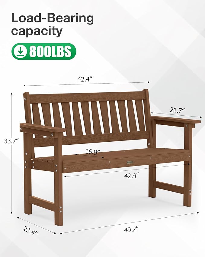 YEFU Outdoor Bench Weatherproof for Patio: 2-Person HIPS All Weather Garden Benches - Comfortable & Heavy Duty Patio Benches for Front Porch Backyard Park - Outside Furniture Bench Set of 2, Teak