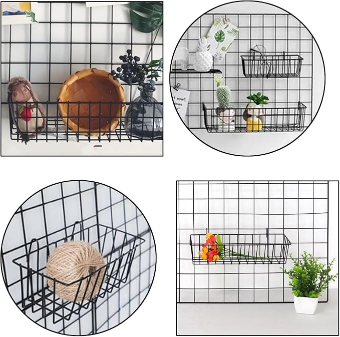 10 PCS Wire Baskets Wall Grid Panel Hanging Wire Basket Hanging Wall Baskets No Drilling Wall Hanging Baskets Grid Wall Storage Basket for Kitchen Bathroom Home Decor Supplies, Black