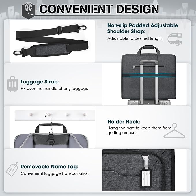 RAINSMORE Garment Bags for Travel Carry On Garment Bag for Hanging Clothes, Suit Bag for Business Trips with Shoes bag & Shoulder Strap, Waterproof Foldable Suit Luggage Bag for Men Women, Gray