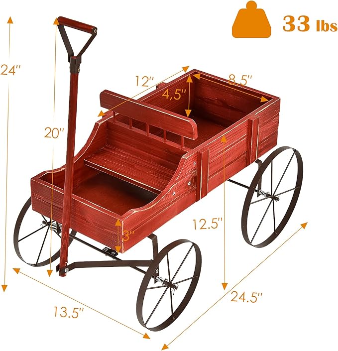 Wooden Wagon Planter, Decorative Flower Pots w/ 2 Planting Sections, Wheels & Handle, Rustic Farmhouse Garden Planter Box for Patio, Yard, Porch (Red)