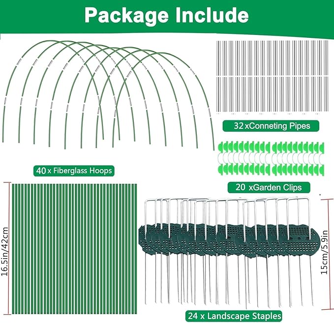 40 Pcs Greenhouse Hoops Kit, Gardening Grow Tunnel Hoops for Raised Bed Rust-Free Coated Fiberglass Garden Support Hoops Frame, Plant Supports Garden Stakes for Garden Plant Shade Cloth Row (40PCS)