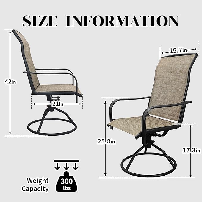SHGJ&SOFT Patio Swivel Chairs, Waterproof Outdoor Dining Chairs with All-Weather Textilene Mesh for Deck, Garden, and Backyard (Plain Backrest-Brown, Set of 2)