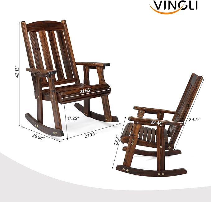 VINGLI Outdoor Rocking Chair, Heavy Duty 600 LBS Wooden Rocking Bench with Comfortable Backrest, Weatherproof Patio Rocker with Ergonomic Design, Wood Rocking Chair for Patio, Garden (Rustic, 1PC)