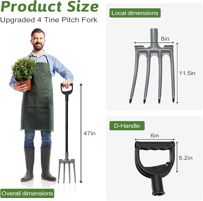 Gardening Pitchfork, 4-Tine Garden Fork 47” Heavy Duty Digging Manure Forks for Mulch Spreading Loosening Hay Potato Digging Composting Transplanting Aeration Farm Garden