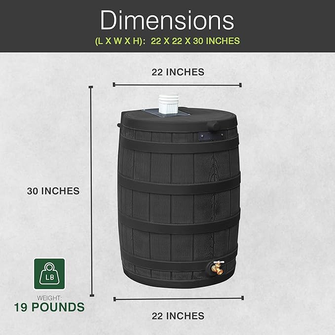 Good Ideas Rain Wizard 50 Gallon Plastic Rain Barrel, Black Bundled with 50 Foot Soaker Hose, Gradual Water Release to Plants, for 3/4" Spigots, Black