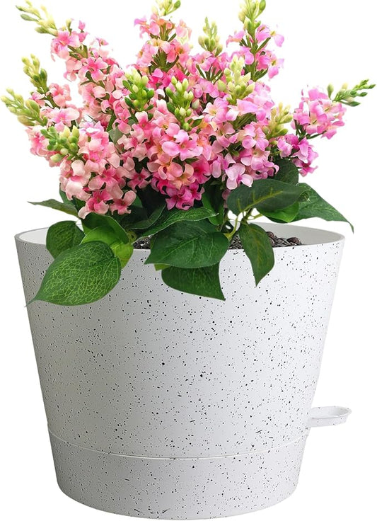 Meowell 12 inch Large Self Watering Pots, Plant Pots with Mesh Drainage Holes for Indoor Outdoor Plants, Plastic Planters with Deep Reservoir for Garden House Flower Plants, Speckled White