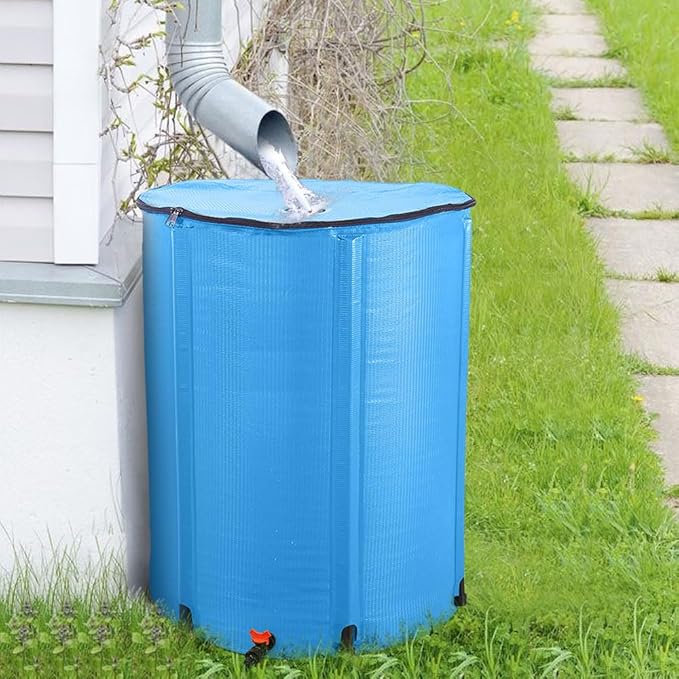 100 Gallon Collapsible Rain Barrel, Portable Rainwater Collection System, Water Storage Tank, Rain Catcher Barrel with Spigots and Overflow Kit, Rain Water Barrel Collector for Garden, Blue