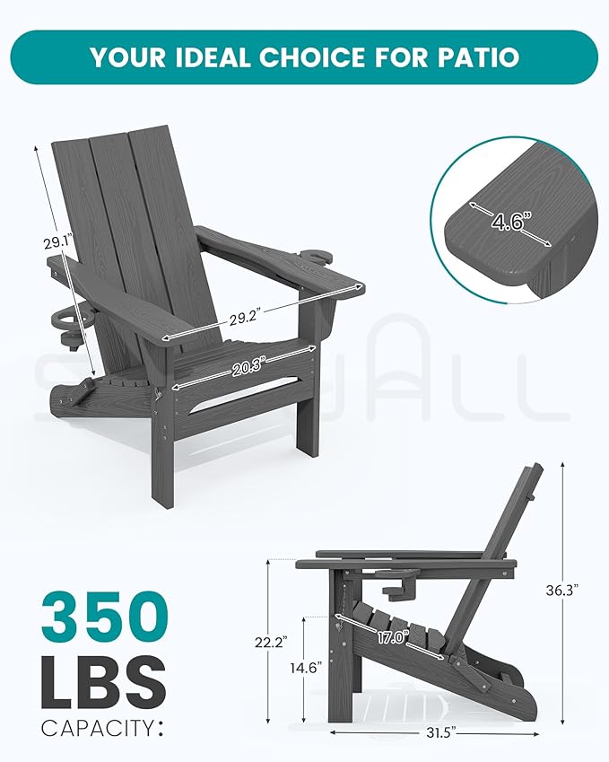 SERWALL Outdoor HDPE Adirondack Chair Set 6，Folding Adirondack Chair with Cup Holders, All Weather Resistant Modern Adirondack Chair, Gray
