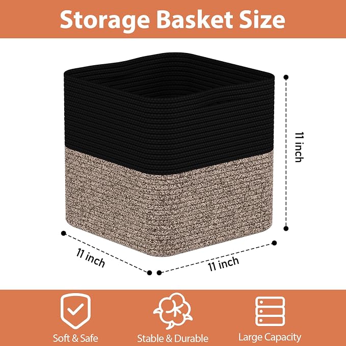 Storage Cotton Cubes 11 Inch, Woven Cotton Rope Storage Baskets for Toys Blanket Organizing, Storage Bins Decorative Organizer with Handles for Living Room Laundry Room Closet (3 Pack, Black Brown)