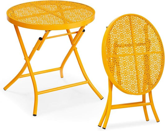 VINGLI Outdoor Folding Side Table with Chic Hollow Pattern and Durable, Rust-Resistant Coated Iron Patio Bistro Table Suitable for Indoor & Outdoor Porch, Deck, Balcony and Pool,Yellow