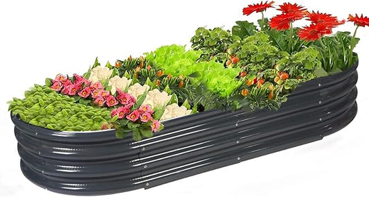 Rakukiri Raised Garden Bed GRS Certified Galvanized Planter Box Outdoor, 8ft Oval Rot-Resistant Metal Garden Bed Planter, Recycled Material Planter for Vegetables Flowers Herbs (Grey)