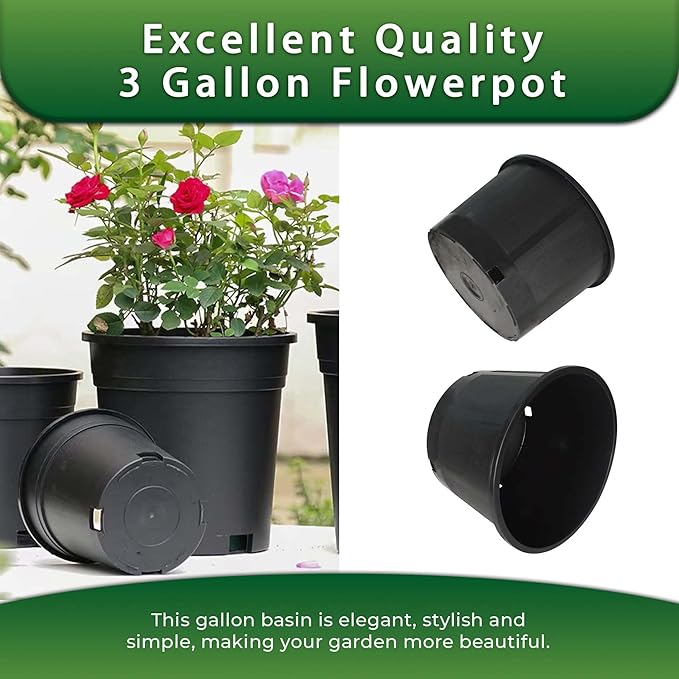 10 Pack 3 Gallon Short Black Nursery Pot Planter Grower Flower Pot Garden Seedling Planters Containers, Plastic Injection Molded Pots with Drainage Holes