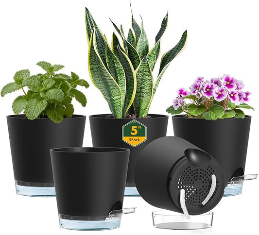 Meowell 5 inch Self Watering Flower Pots for Indoor Plants, 5 Pack Small Plant Pots with Drainage Holes & Clear Reservoir for Visible Water Level, Plastic Wicking Planter Pots for House Plants, Black