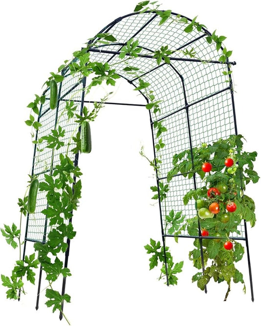 FOLLOOK Garden Arch Trellis for Climbing Plants Outdoor, 7.8 ft Tall Cucumber Trellis for Raised Bed, Plastic-Coated Metal Plant Support Vegetable Squash Pea Bean Grape Vine Arbor, Black