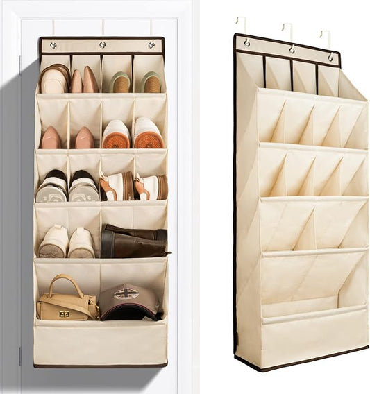 1 Pack Over the Door Shoe Organizers, Hanging Organizers with Large Pockets | with Large Deep Pocket Shoe Holder for Closet Shoes Rack for Wall, Over Door Shoe Storage Hold up to 18 Pairs Shoes, Beige