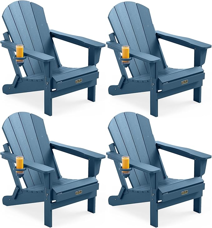 SERWALL Folding Adirondack Chair with Cup Holder Set of 4, Weather Resistant HIPS Patio Chairs, Wooden Textured, Fire Pit Chairs for Garden Outdoors Fire Pit - Blue