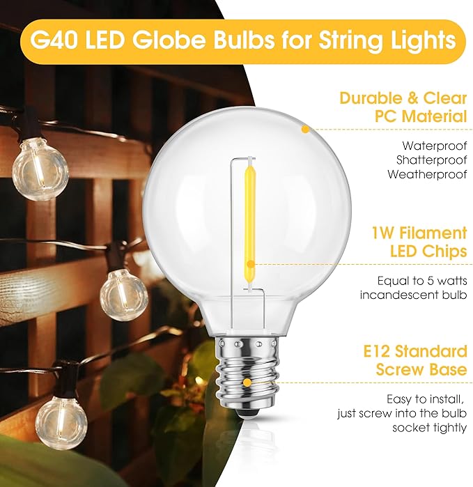 Mlambert G40 LED Replacement Light Bulbs for String Lights, Dimmable E12 Base Shatterproof Bulbs, 1W Equal to 5W, Neutral White 4000K, 25Pack, Not Solar
