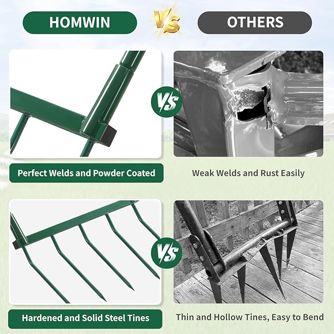 Homwin Broadfork Garden Tool with Steel Handle Heavy Duty Five Tines Broad Fork for Gardening Loosening and Aerating Soil, U-Shaped Design Hand Tiller, Compost Turner and Aerator