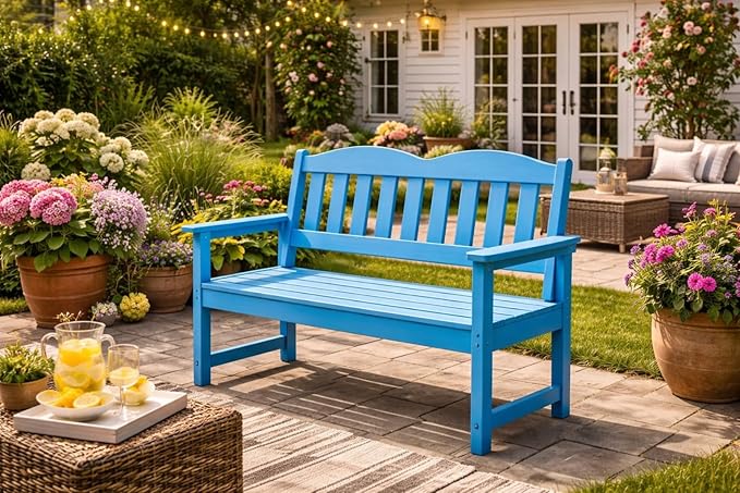 GarveeLife 2-Person Poly Lumber Garden Bench, Slatted Patio Loveseat, Weather-Resistant Outdoor Seating for Yard, Garden, Porch, Park or Backyard, Blue