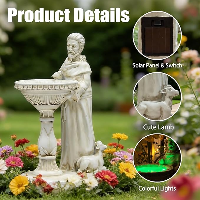 Sheaifun St Francis Garden Statue Outdoor Solar Garden Decor Resin 10.5 Inch Tall Colorful Lights St Francis Statue with Bird Bath Feeder for Yard Patio Lawn Decoration Religious Gardening Gifts