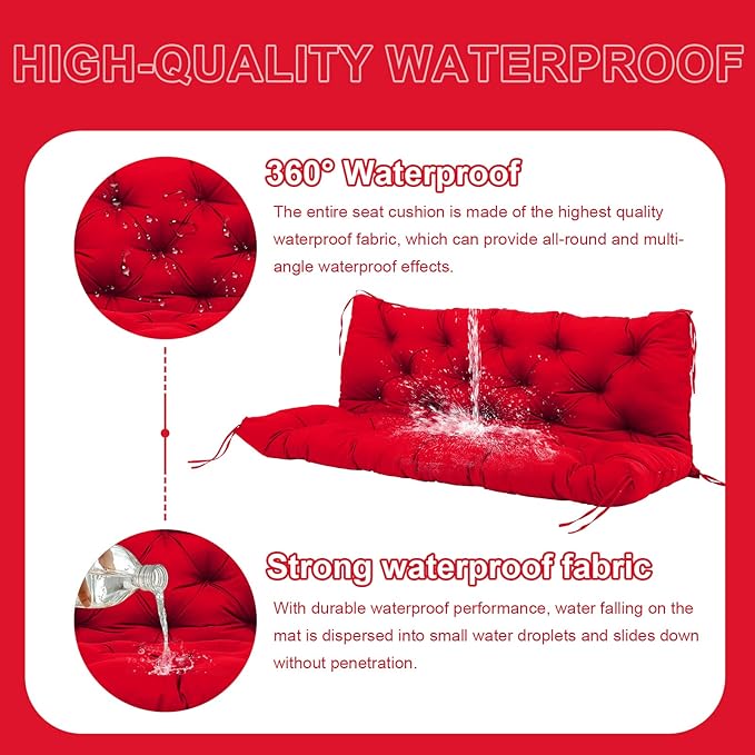 Extra Thick 5" Waterproof Porch Swing Cushions Outdoor 48 inch Swing Cushions 2-3 Seater Replacement with Backrest and Ties for Outdoor Furniture Patio Bench Garden (Bright red)