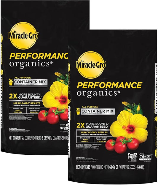 Miracle-Gro Performance Organics All Purpose Container Mix, 6 qt. - Organic, All Natural Plant Soil - Feed for up to 3 Months - All-Purpose Formula for Vegetables, Flowers and Herbs, 2-Pack