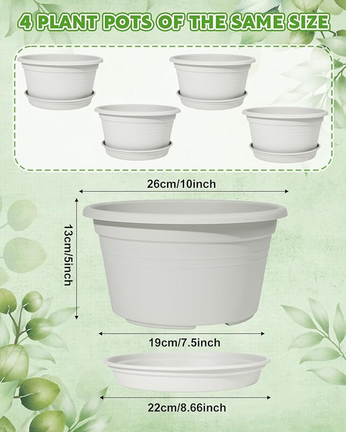 VIDELLY 10 Inch Flower Pots 4-Pack, Plastic Planters with Drainage Hole & Tray, Indoor Outdoor Plant Pots for House Plants, Garden, Patio, Office, Home Decor – Modern Decorative Plant Containers