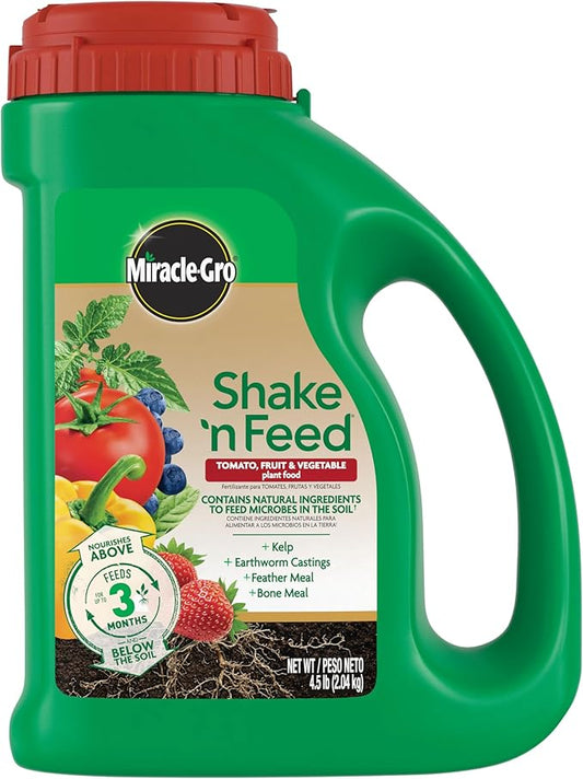 Miracle-Gro Shake 'N Feed Tomato, Fruit and Vegetable Plant Food - Fertilizer for Vegetable Gardens, for In-Ground and Container Plants, Feeds up to 3 Months, 4.5 lb.