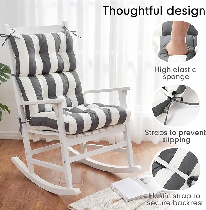 Hoteam 6 Pcs High Back Chair Cushions Set - 44'' x 21'' Indoor Outdoor Waterproof Soft Thicken Stripes Replaceable Cushion for Garden Summer Rocking Chair, Patio Furniture (Gray Stripes)