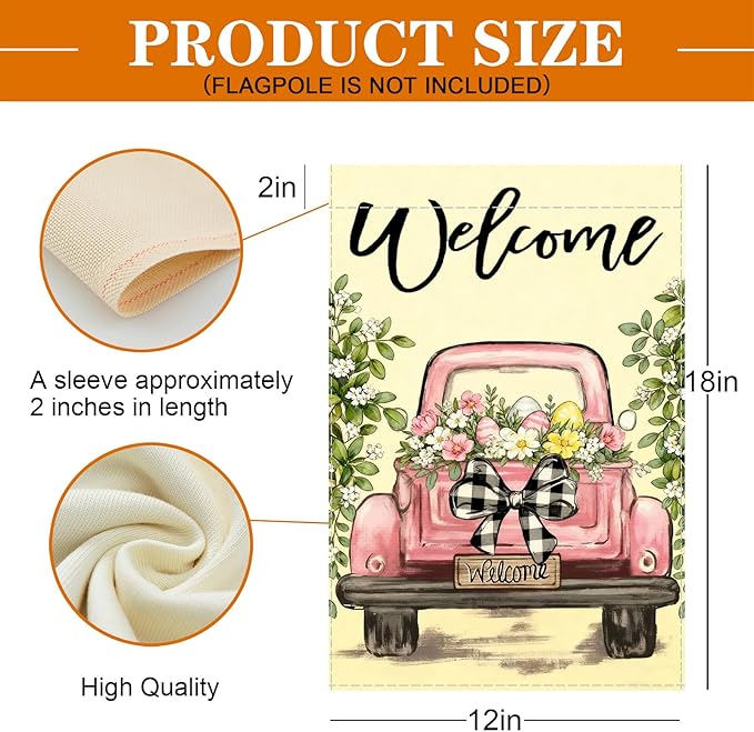 Vintage Pink Truck Garden Flag,12x18 Inch Spring Welcome Floral Design, Decorative Outdoor Double Sided Flag with Buffalo Check Bow, Farmhouse Style